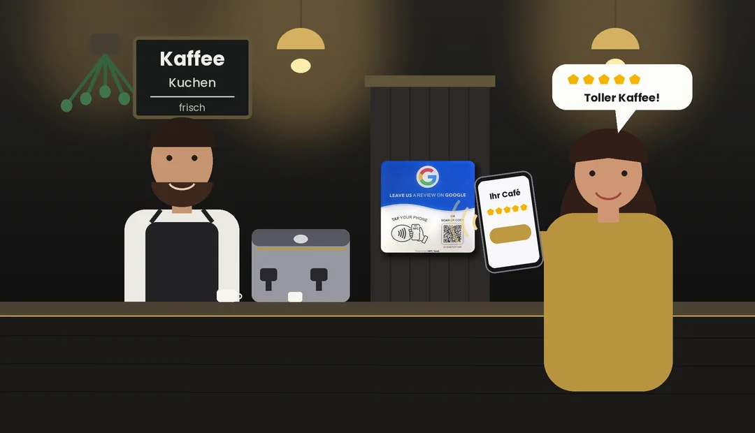 Illustration: Eine Kundin hält im Café ihr Smartphone an die Bewertungskarte an der Säule und gibt eine Fünf-Sterne-Bewertung ab